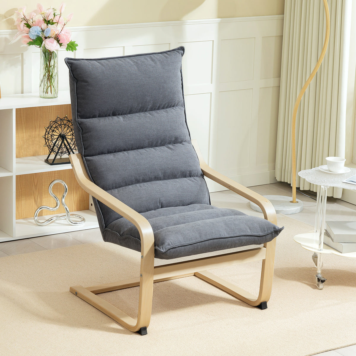 Poltrona de Sala de Estar Moderna Poltrona com Encosto Alto Apoio para os Braços e Pés de Madeira Estofada em Veludo Poltrona para Dormitório Sala de Estar 67x83x105 cm Cinzento — foto 2