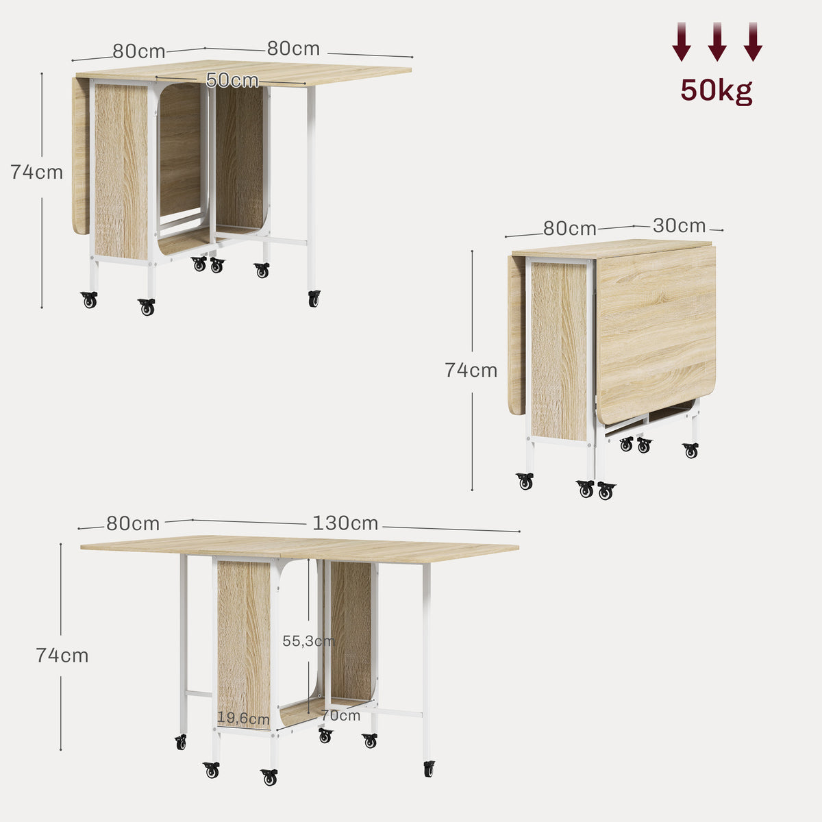 HOMOM Mesa de Cozinha Dobrável Mesa de Refeição Dobrável com Rodas Laterais Abatíveis e Prateleira Mesa Dobrável para Sala de Jantar 130x80x74 cm Madeira e Branco — foto 3