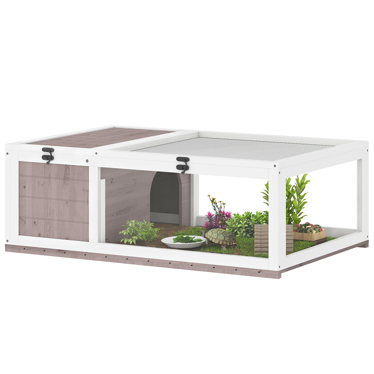 Casa para Tartarugas de Madeira Terrario para Reptéis com Teto de Malha Painéis Laterais Transparentes e Trava de Segurança 91x60,5x32 cm Castanho Acinzentado — foto 1