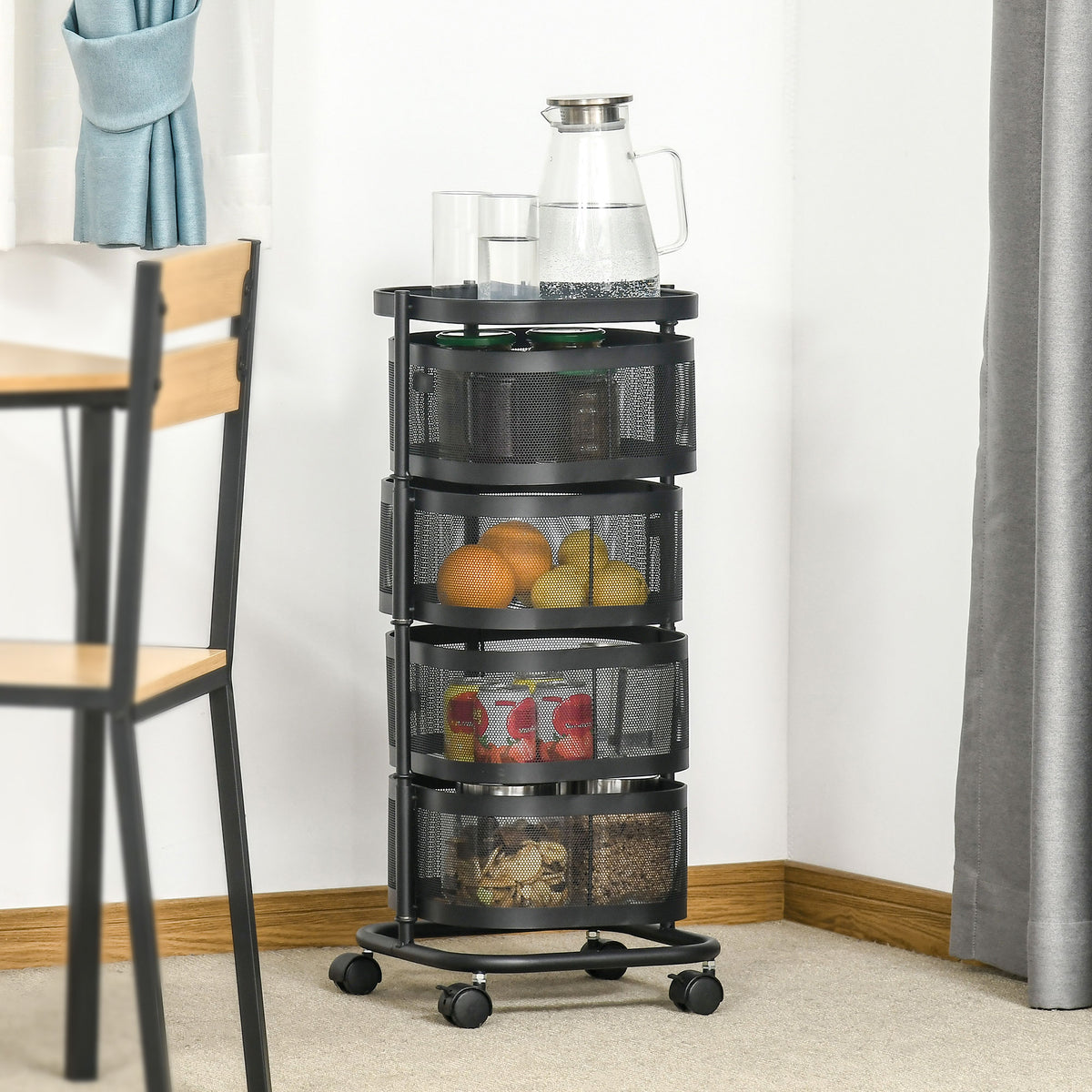 Carrinho Auxiliar com Rodas de 5 Níveis Carrinho de Cozinha com 4 Cestas de Armazenamento Rotativas a 270° e Prateleira Superior para Frutas Legumes Utensílios 33x33x77 cm Preto — foto 2