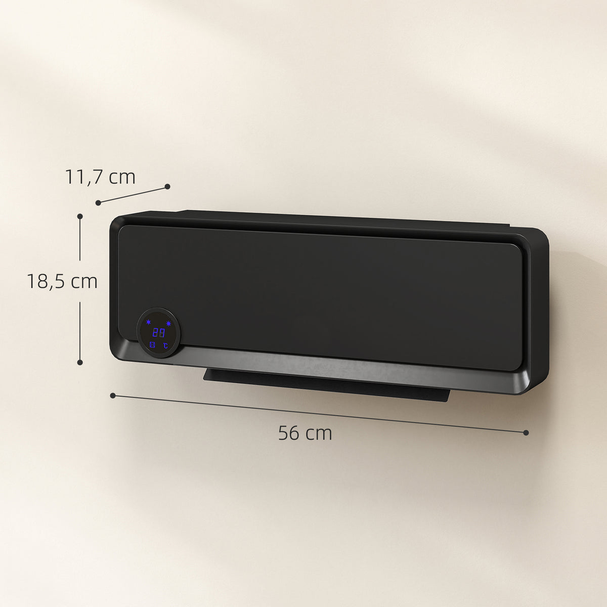 Aquecedor Cerâmico de Parede 1000W/2000W com Controle Remoto Tela LED Temporizador de 12h Termostato e Proteção contra Superaquecimento 56x18,5x11,7 cm Preto — foto 3