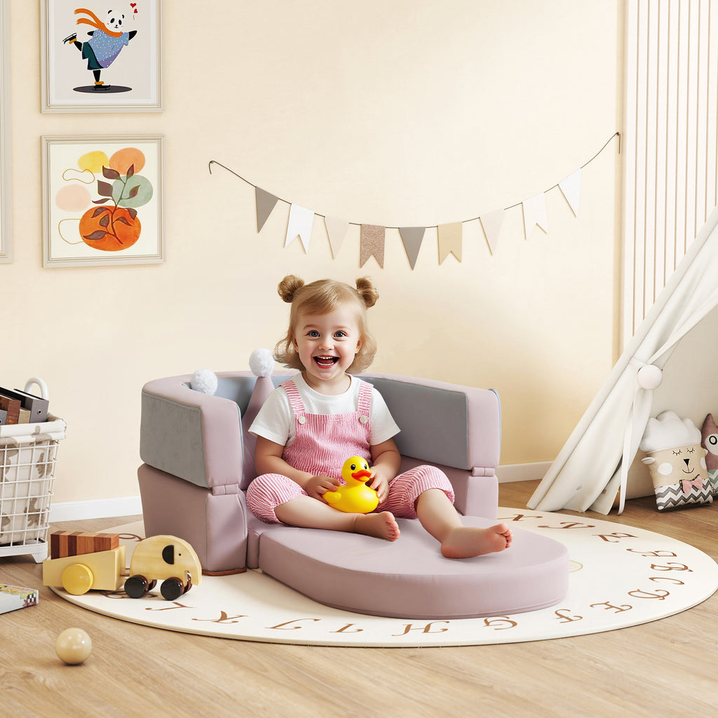 Sofá Infantil Convertível Sofá para Crianças com Almofada em Forma de Coroa Dobrável em Cama e Zona de Brincadeiras Estofado em Veludo Suave para Crianças dos 18 aos 36 Meses Rosa e Azul Acinzentado — foto 2