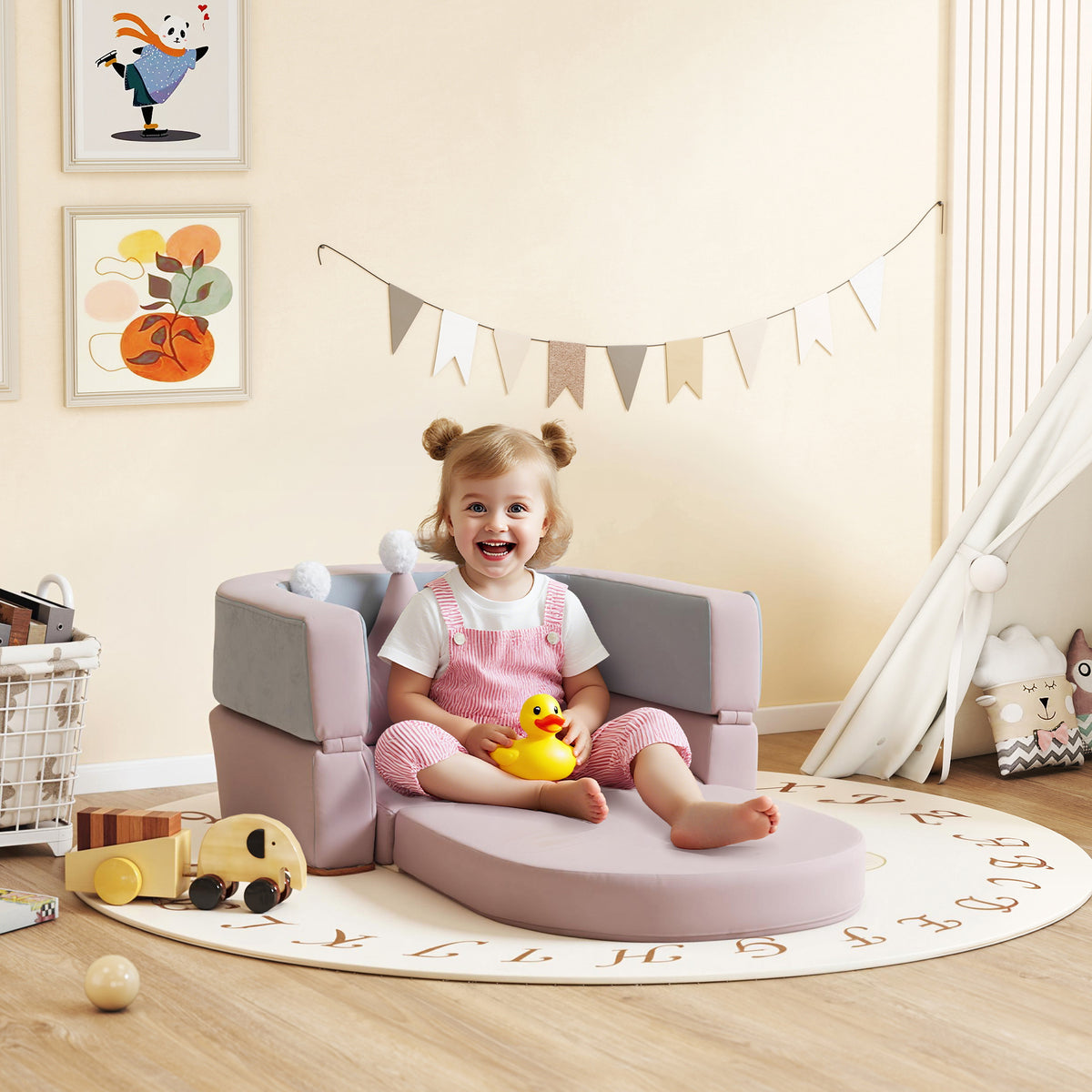 Sofá Infantil Convertível Sofá para Crianças com Almofada em Forma de Coroa Dobrável em Cama e Zona de Brincadeiras Estofado em Veludo Suave para Crianças dos 18 aos 36 Meses Rosa e Azul Acinzentado — foto 2