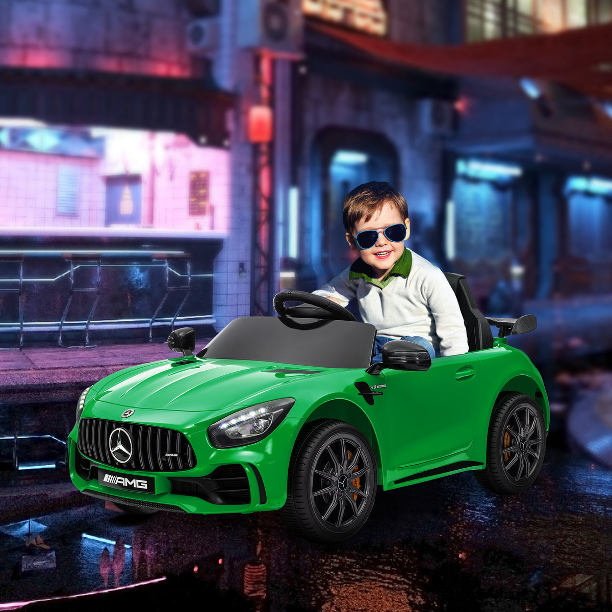 Carro Elétrico para Crianças acima de 3 Anos Carro Mercedes-Benz AMG GTR Carro Elétrico Infantil com Bateria 12V Controlo Remoto Faróis Buzina e Música 108x67x46 cm Verde — foto 2