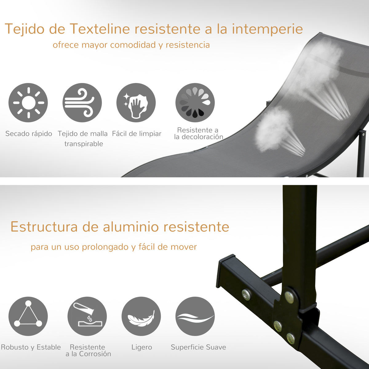 Conjunto 2 Espreguiçadeiras Ergonômicas Dobráveis ​​em Forma de S com Estrutura de Alumínio Textilene para Piscina Pátio Jardim e Varanda 165x61x63cm Cinza — foto 6