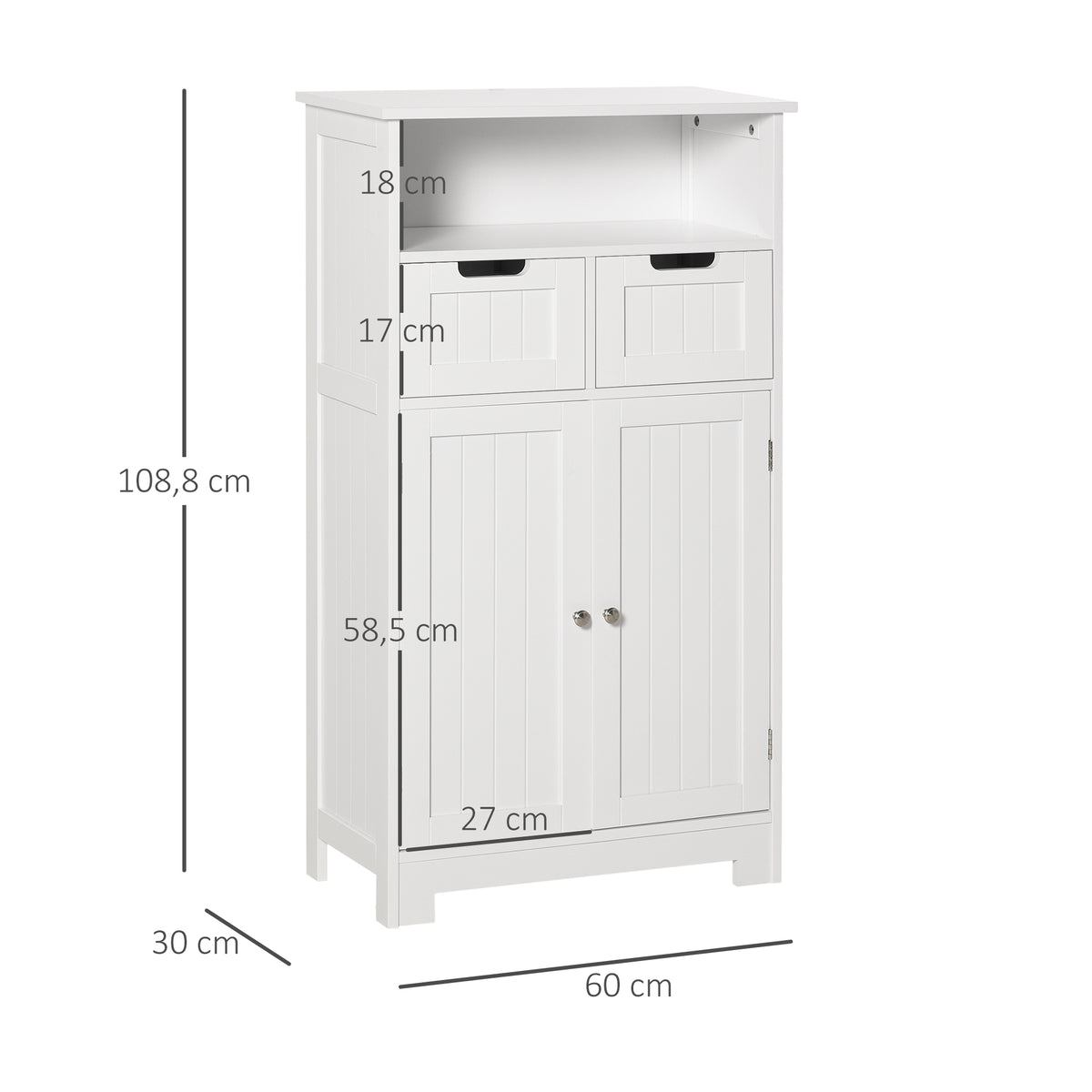 Kleanklin Armário de Casa de Banho com 2 Portas Prateleira Ajustável 2 Gavetas e Compartimento Aberto Móvel Auxiliar de Armazenamento para Sala de Estar Cozinha 60x30x108,8cm Branco — foto 3