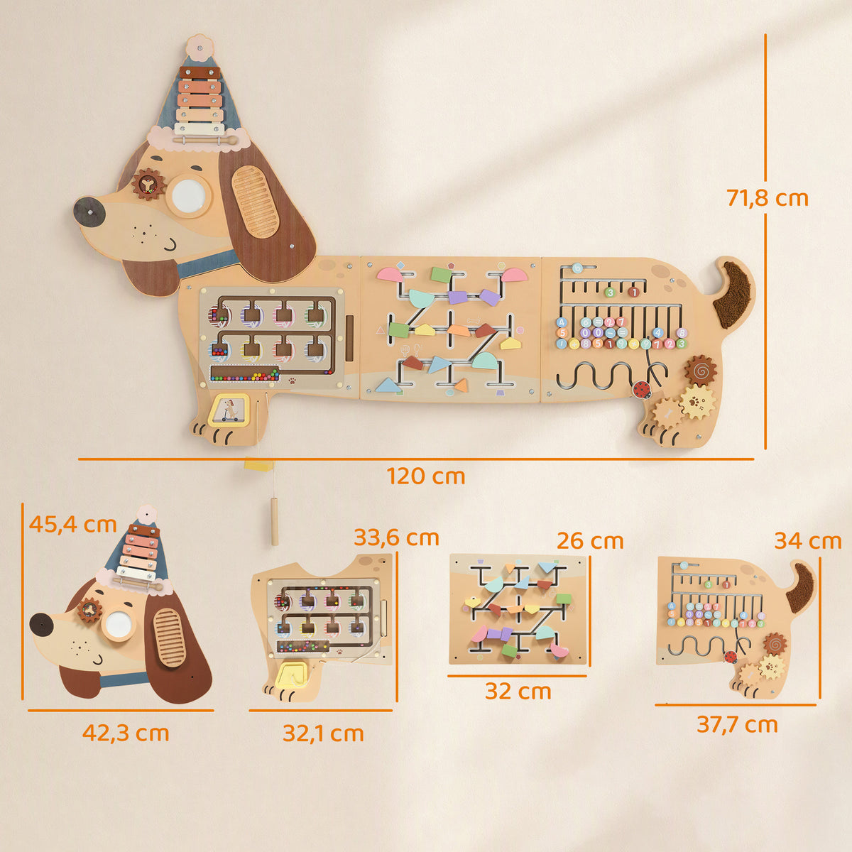 Tabuleiro Montessori de Motricidade em Madeira Busy Board em Forma de Cão Salsicha Painel de Atividades de Parede com Xilofone Engrenagens Tambor — foto 2