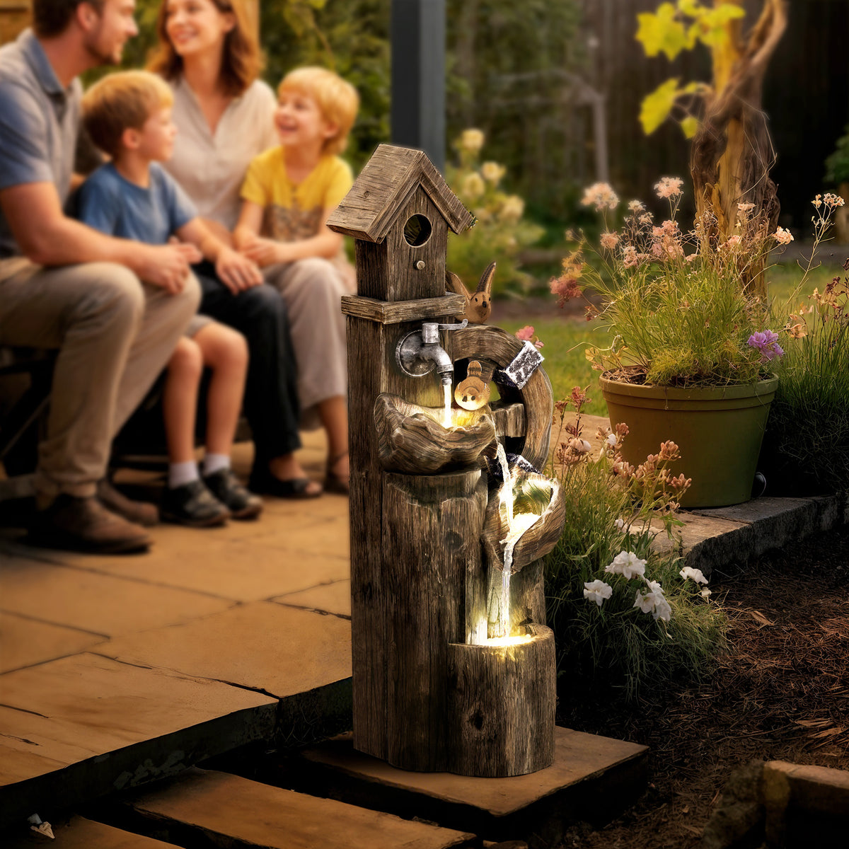 Fonte de Jardim 2 em 1 com Casa para Pássaros Fonte de Água de Exterior com Luzes LED Bomba Fonte Decorativa com Troncos de Árvore Multicor — foto 2