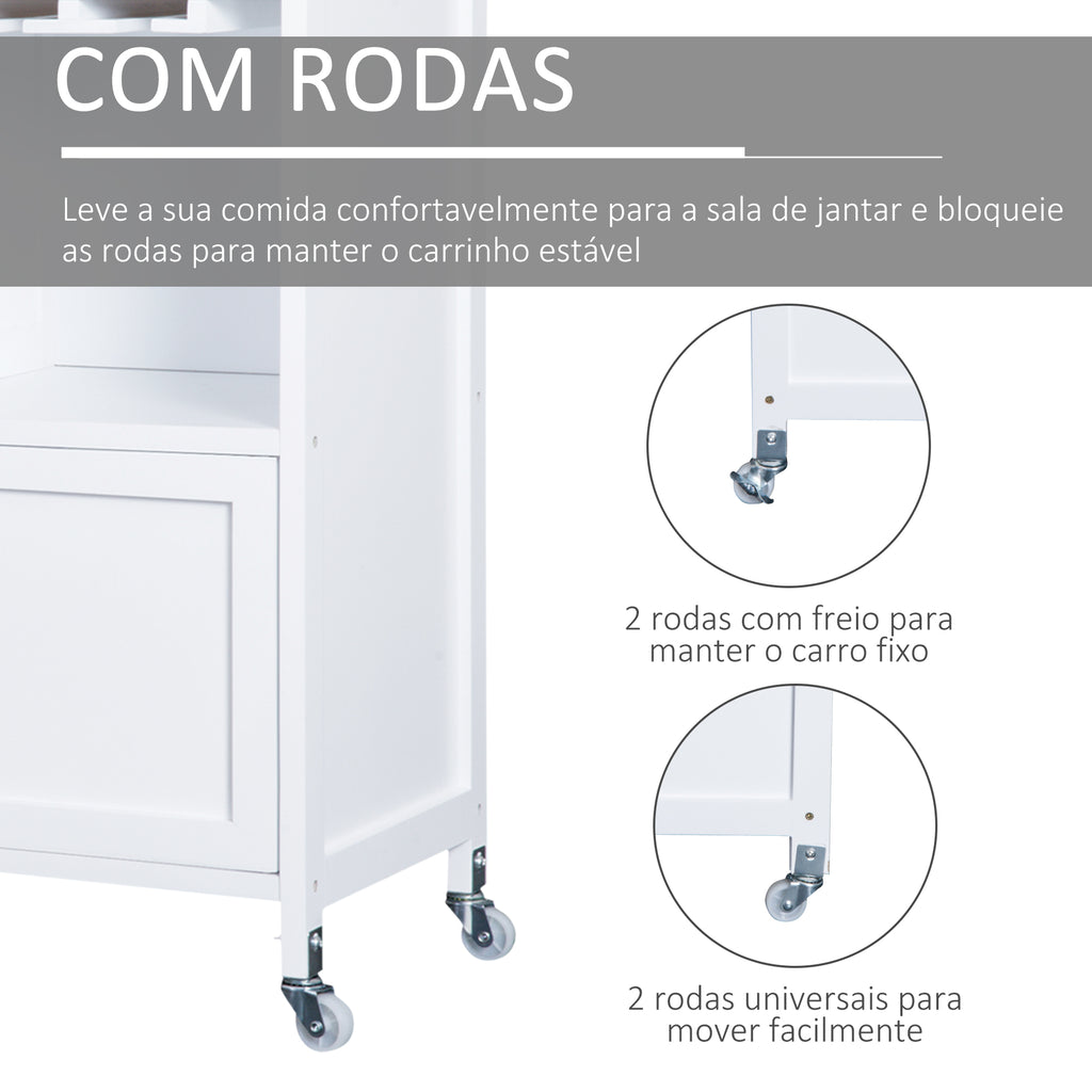 Carrinho de Cozinha Auxiliar com Rodas Carrinho de Cozinha com 2 Gavetas Suporte para 9 Garrafas Suporte para Taças Prateleira Aberta e Armário 76x40x88cm Branco — foto 5
