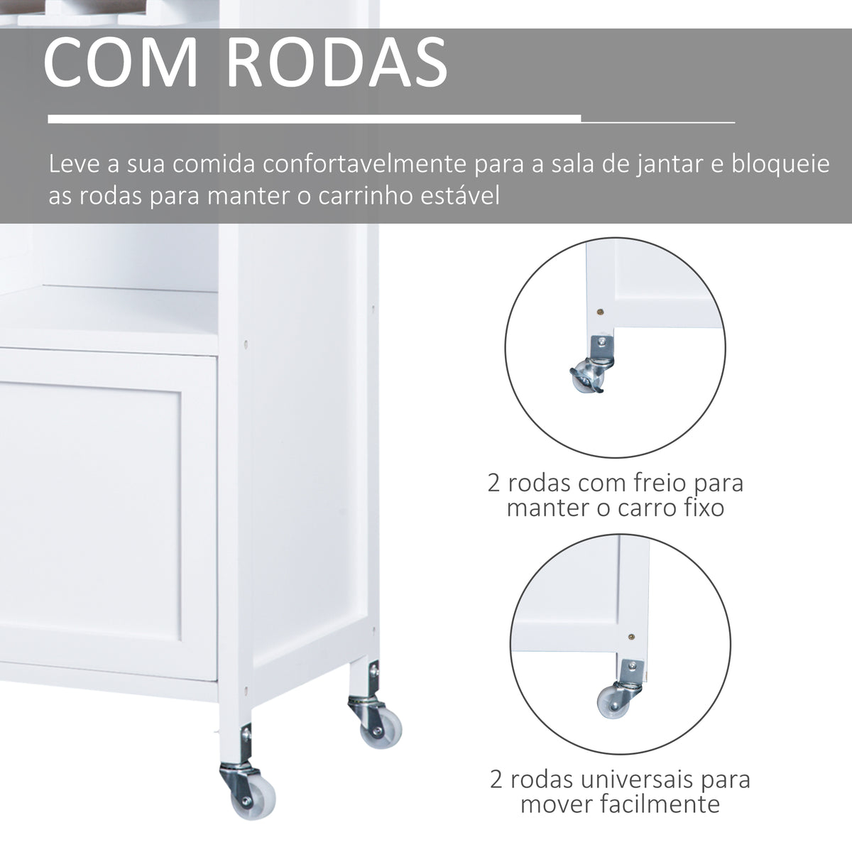 Carrinho de Cozinha Auxiliar com Rodas Carrinho de Cozinha com 2 Gavetas Suporte para 9 Garrafas Suporte para Taças Prateleira Aberta e Armário 76x40x88cm Branco — foto 5