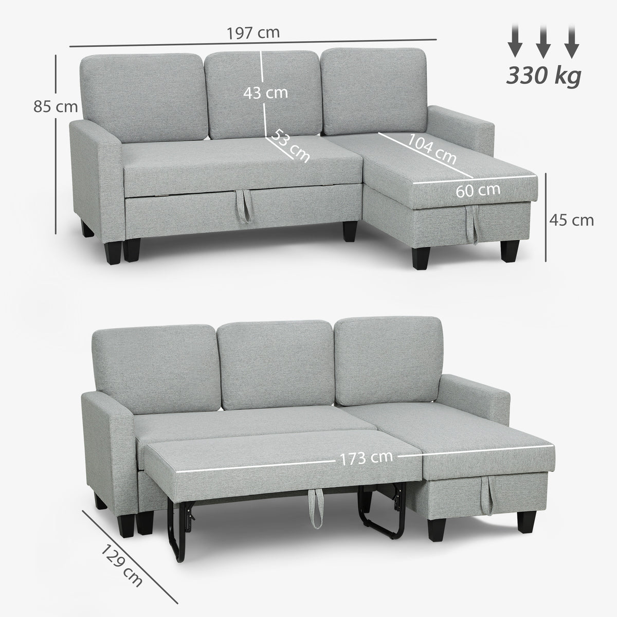 Sofá-Cama Chaise Longue de 3 Lugares Chaise Longue Reversível Ambos Lados com Armazenamento Sofá-Cama de Canto com Capas de Almofadas Removíveis Estofado em Linho para Sala de Estar 197x129x85 cm Cinza — foto 3
