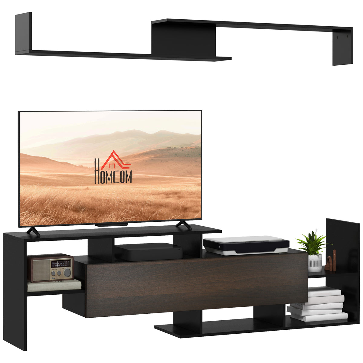 Móvel de TV Moderno Móvel de Sala de Estar para Televisores 153,6x25x42cm e Prateleira de Parede 150x14,5x16,3 cm Preto — foto 1