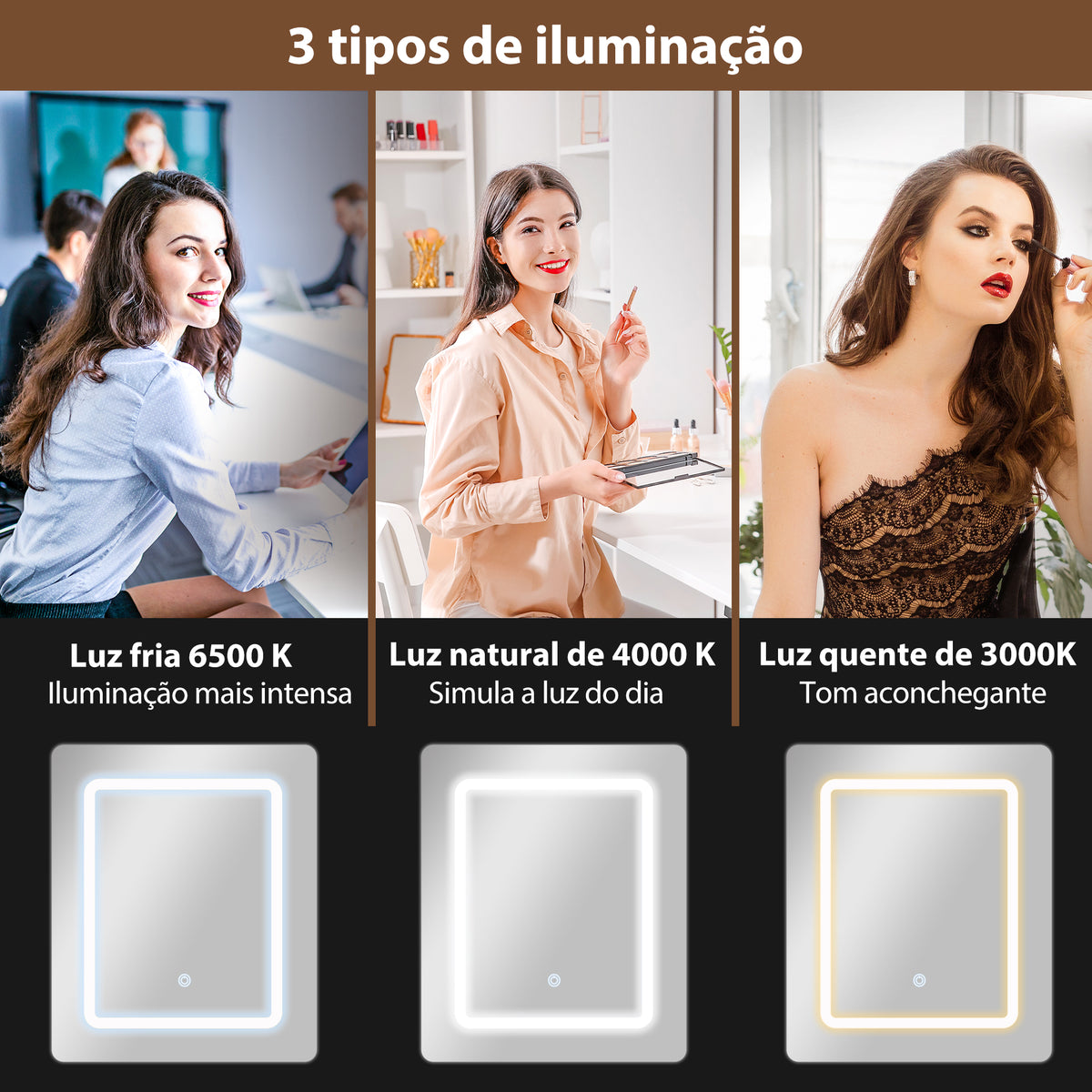 Tocador de Maquilhagem com Luzes LED de Cor Ajustável e Espelho Tocador com Lateral Rebatível Gaveta Compartimentos Abertos para Espaços Pequenos 45x45x152 cm Branco — foto 4