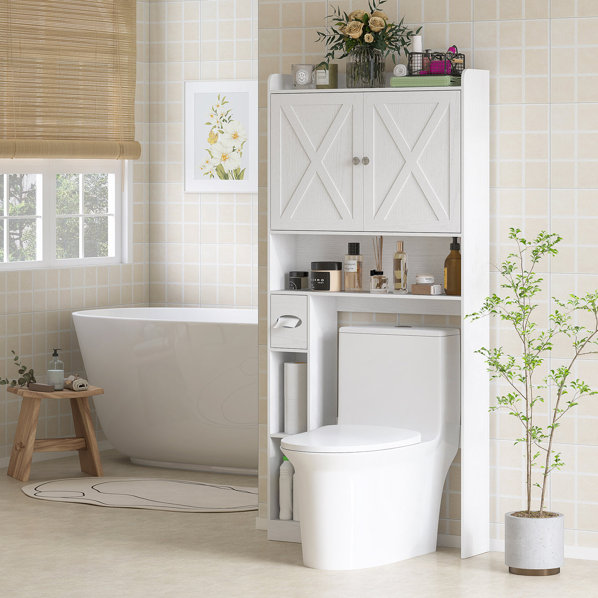 Móvel WC Acima Do Vaso Sanitário com Armário de Portas de Celeiro Prateleira Ajustável Compartimentos e Porta Papel Branco — imagem 3