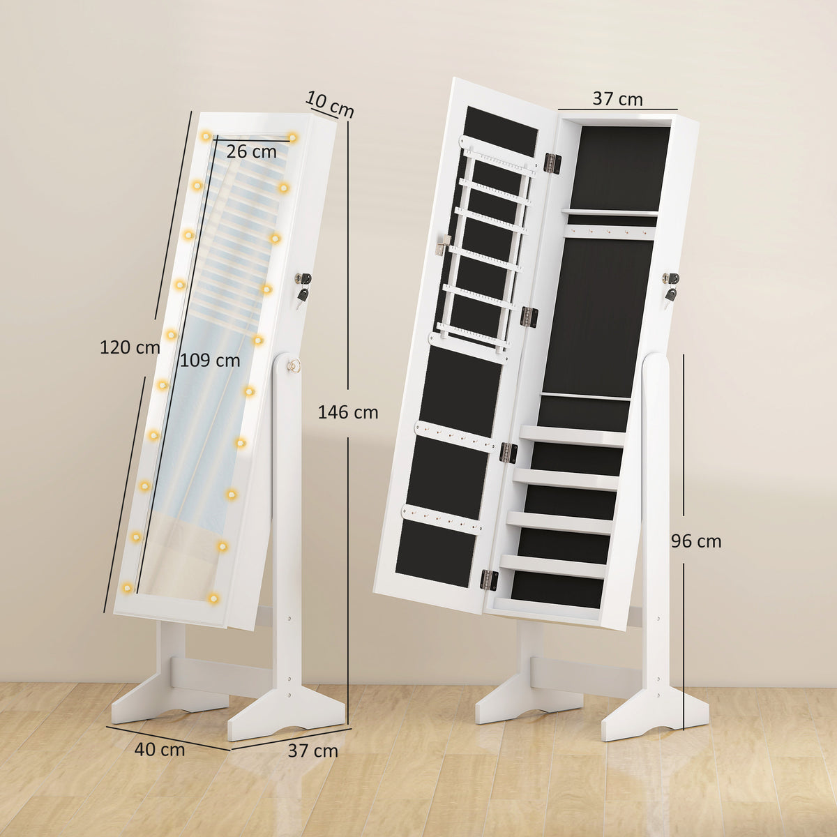 Armário para Joias 20 Luzes de LED Reclinável Fechadura Madeira 40x37x146cm Branco — foto 3