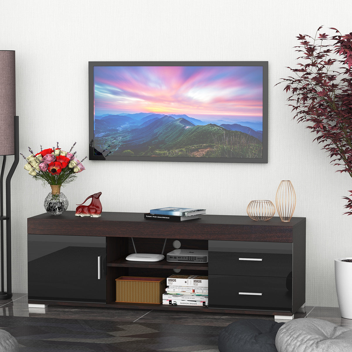 Móvel de TV para Sala de Estar com Armário Gavetas e Prateleiras Abertas com Altura Ajustável em 3 Níveis Carga Máxima 80kg 140x40x45cm Nogueira e Preto — foto 2