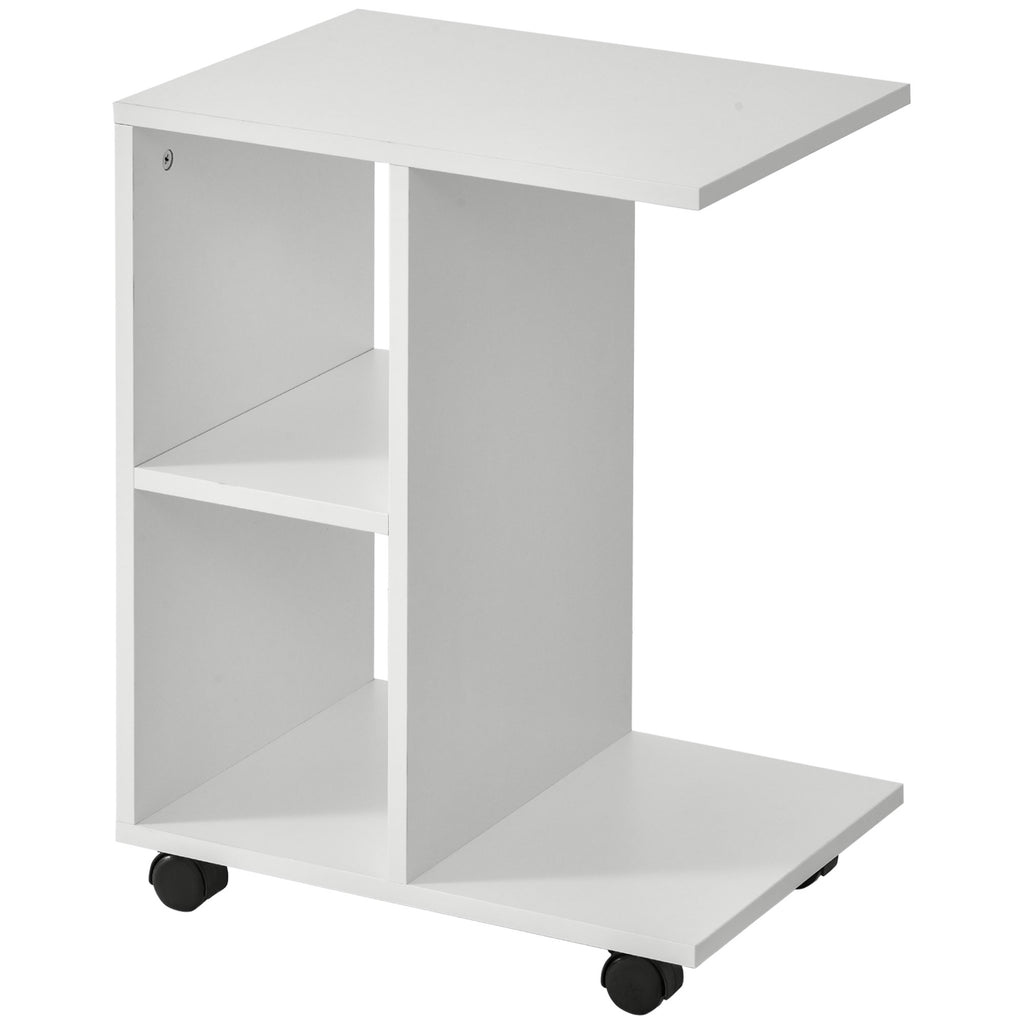 Mesa Auxiliar Moderna Mesa Auxiliar em Forma de C com Rodas e Prateleiras Abertas para Sala de Estar Dormitório 45x35x58 cm Branco — foto 1
