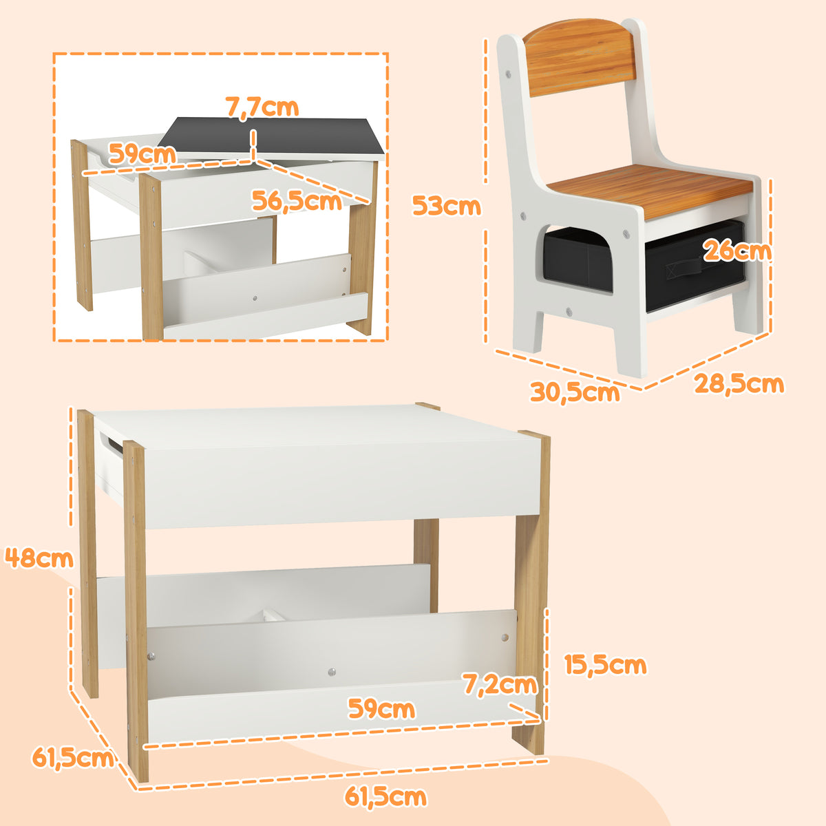 Conjunto de Mesa e 2 Cadeiras Infantis Mesa com Cadeiras para Crianças 2 em 1 com Ardósia Gavetas de Tecido e Espaço de Armazenamento para Quarto Sala de Jogos Cinza — foto 3