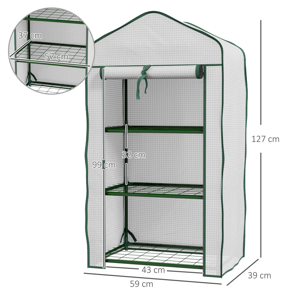Estufa de Jardim de 3 Níveis Estufa de Terraço com 3 Prateleiras 1 Porta com Fecho de Correr para Cultivo de Plantas Flores Vegetais 59x39x127 cm Branco — foto 3