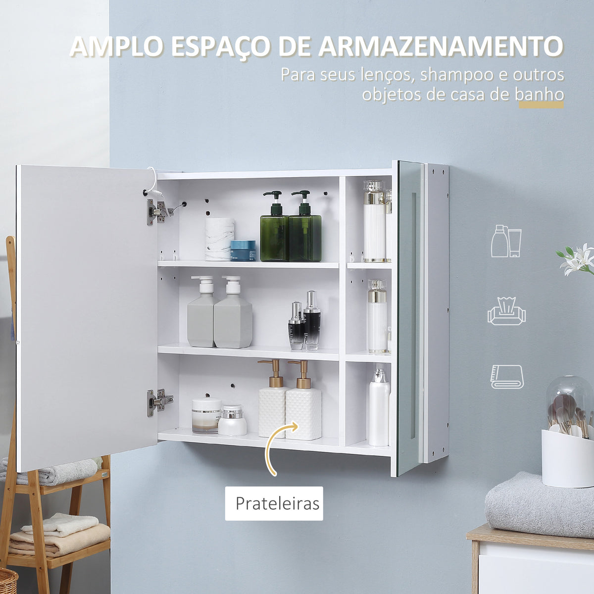 Armário com Espelho de Casa de Banho com Luz LED Armário de Casa de Banho Suspenso com 2 Portas e Interruptor Tátil Estilo Moderno 70x15x65 cm Branco — foto 5