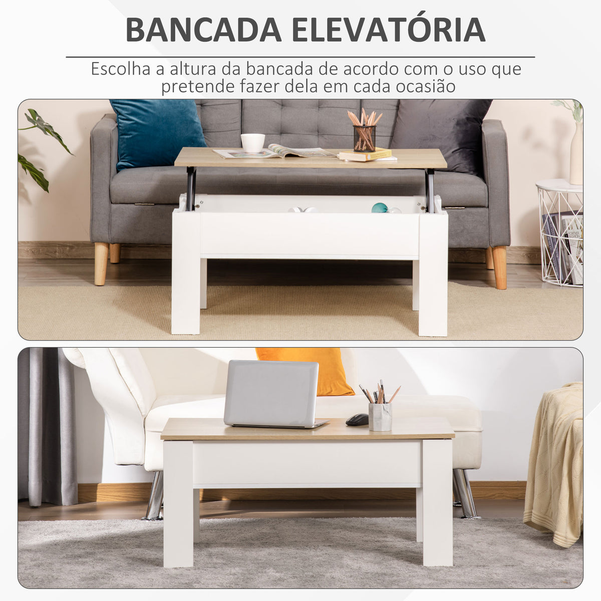 Mesa de Centro com Bancada Elevatória Mesa de Café com Compartimento Aberto e Oculto 100x50x45-58,5 cm Branco e Madeira — foto 4