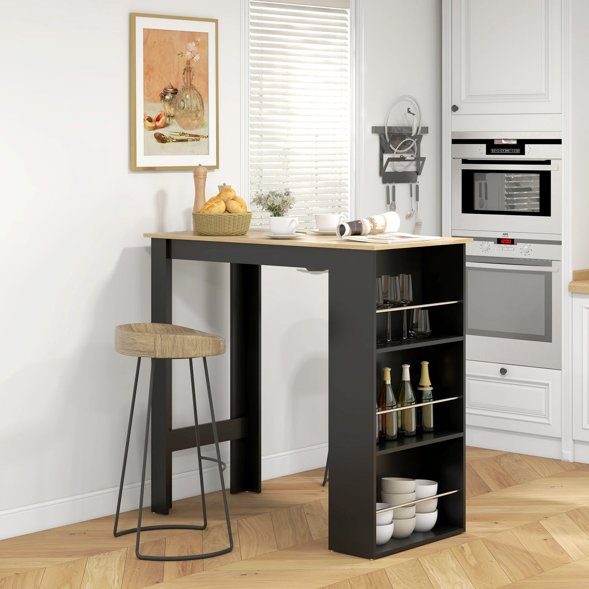 Mesa de Bar de Bistrô com 3 Prateleiras com Suporte Estilo Moderno para Cozinha Sala de Jantar Sala de Estar Estrutura de Melamina 112x57x106 cm Preto e Madeira — foto 2