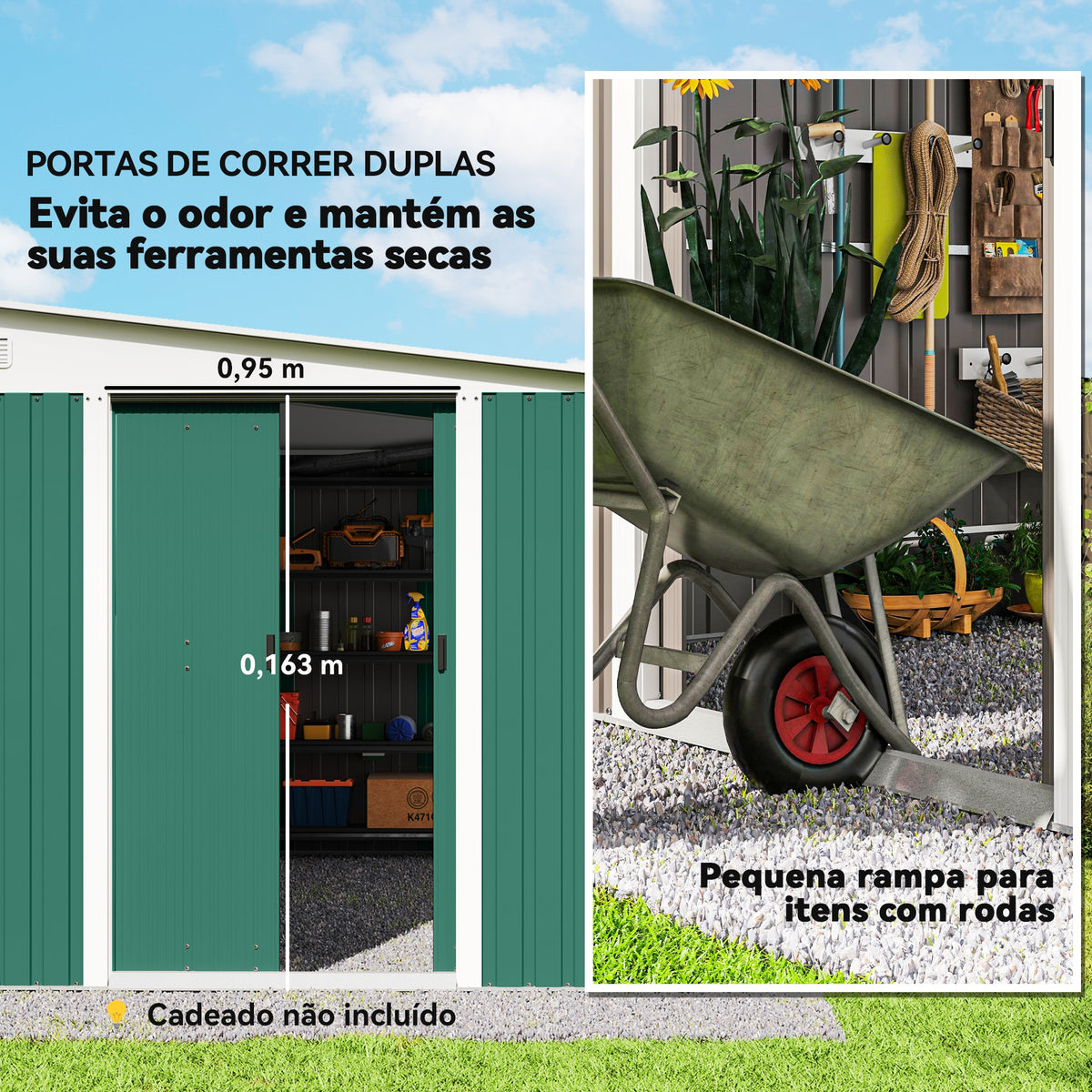 Abrigo de Jardim 280x345x201 cm 8,9 m² Abrigo de Exterior de Aço para Armazenamento de Ferramentas com Portas e 2 Janelas Verde — foto 5