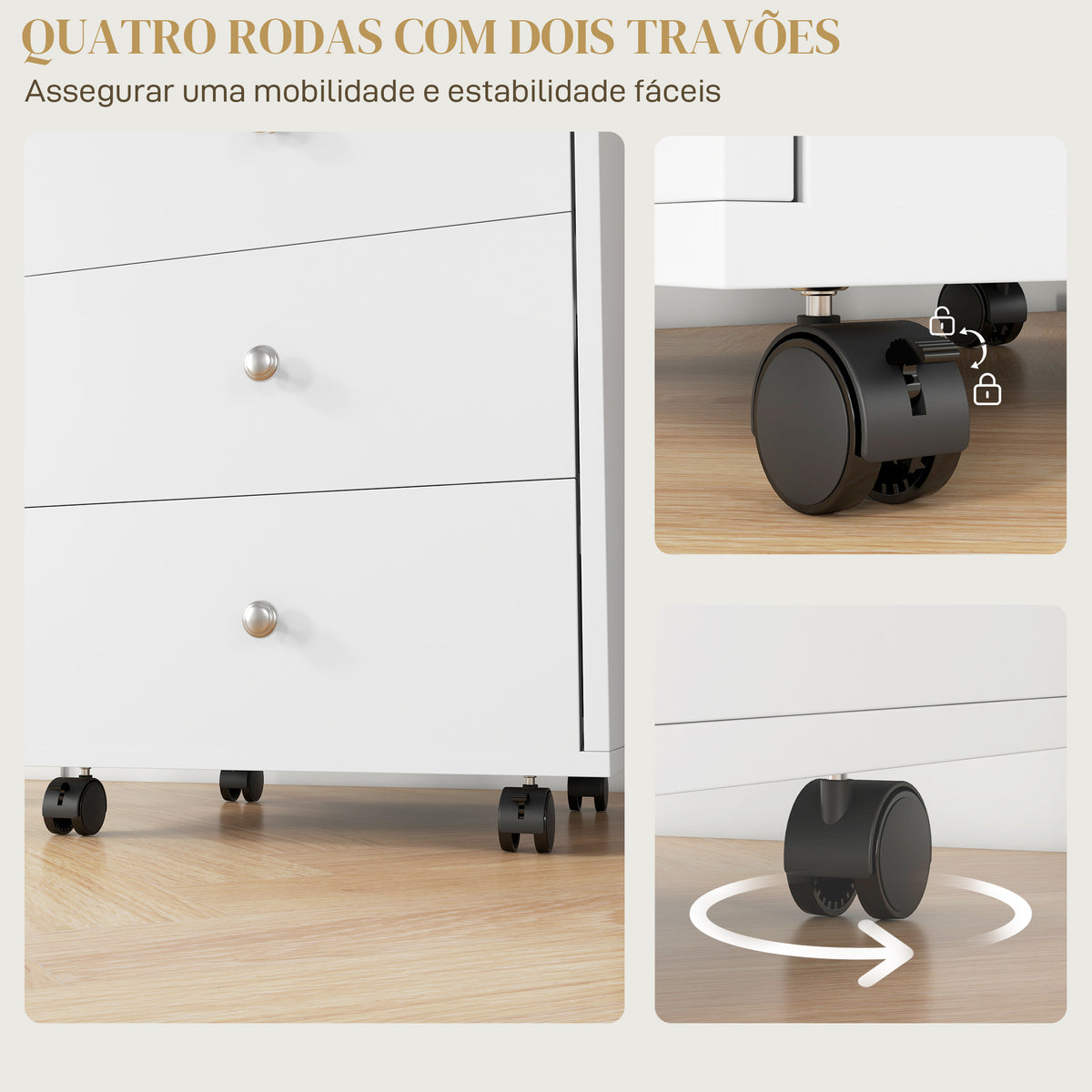 Bloco de Gavetas para Escritório Móvel Arquivador com 4 Rodas 3 Gavetas e 1 Bandeja Amovível Carga 30 kg 43x40x66,5 cm Branco e Natural — foto 5