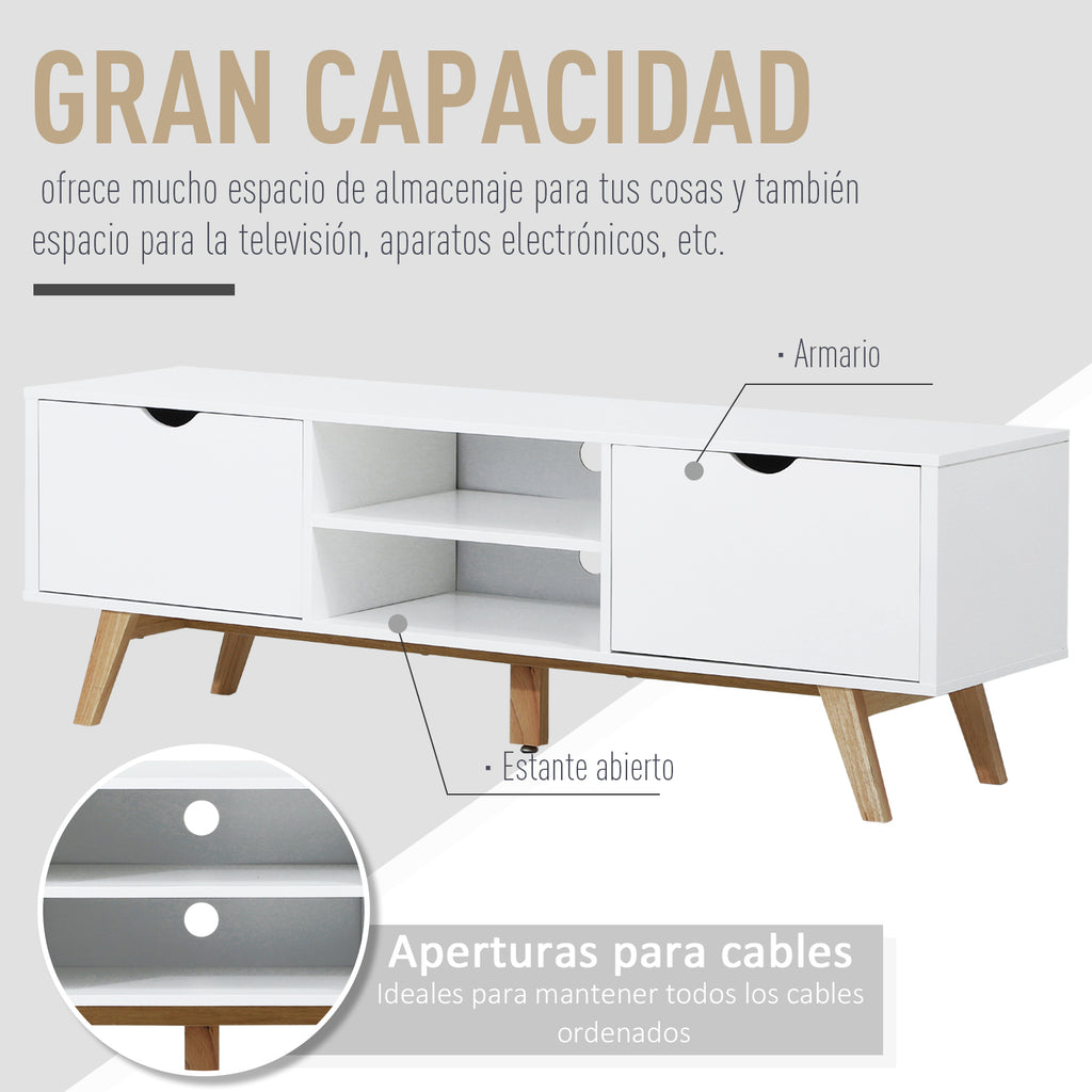 Móvel de TV para Televisores de até 65 Polegadas Móvel de TV com 2 Armários Prateleiras Abertas Puxador Oco Pés de Madeira de Borracha e Orifício Passa Cabos 150x39x50 cm Branco e Madeira — foto 4