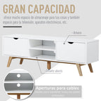 Móvel de TV para Televisores de até 65 Polegadas Móvel de TV com 2 Armários Prateleiras Abertas Puxador Oco Pés de Madeira de Borracha e Orifício Passa Cabos 150x39x50 cm Branco e Madeira — foto 4