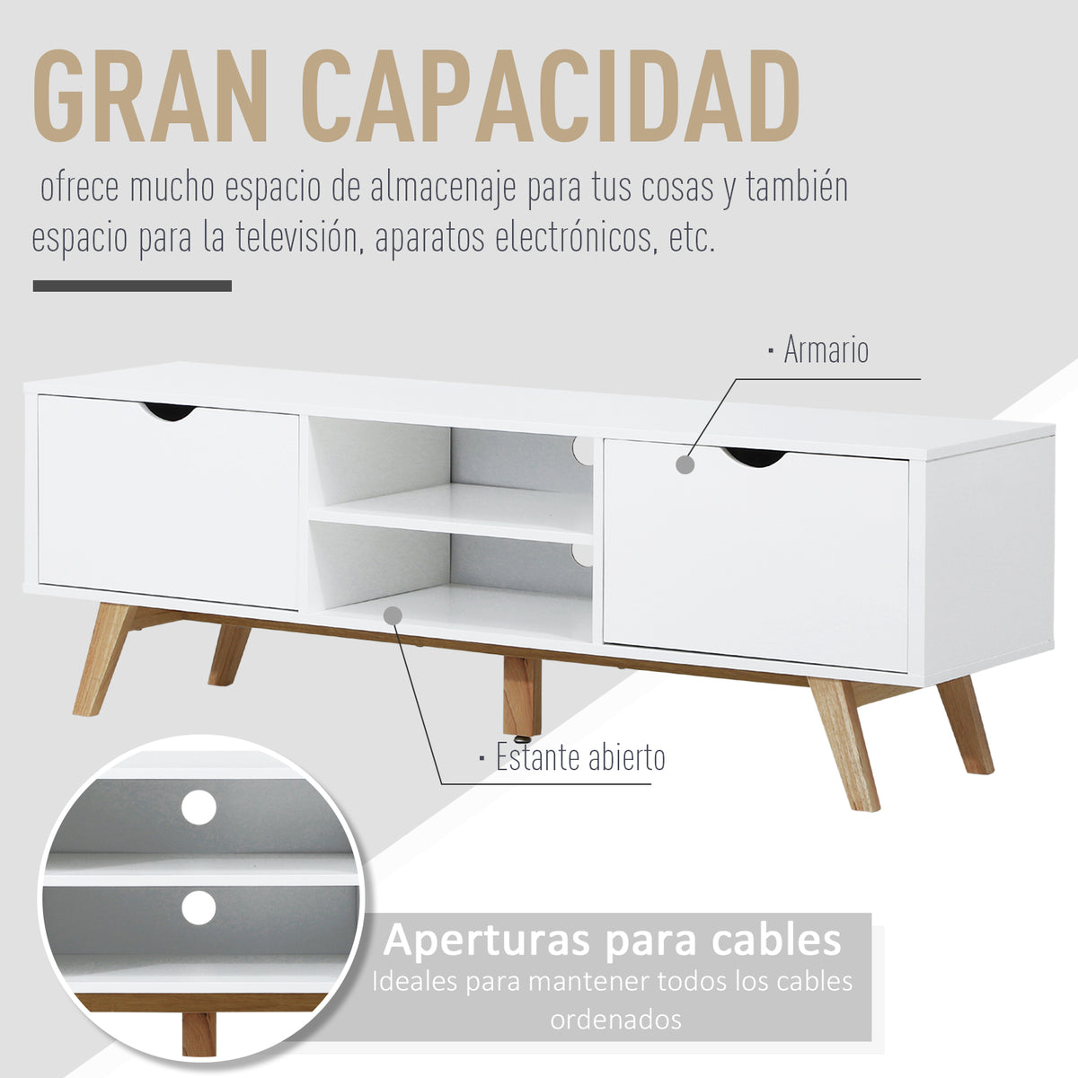 Móvel de TV para Televisores de até 65 Polegadas Móvel de TV com 2 Armários Prateleiras Abertas Puxador Oco Pés de Madeira de Borracha e Orifício Passa Cabos 150x39x50 cm Branco e Madeira — foto 4