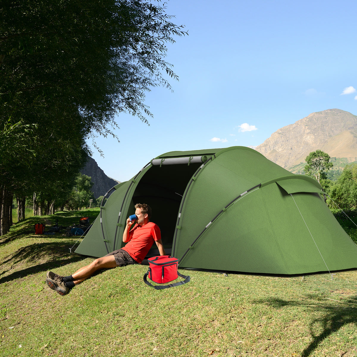 Tenda de Campismo Familiar para 4 Pessoas Tenda de Campismo Dobrável com Bolsa de Transporte Impermeável para Praia Parque 430x240x170 cm Verde — foto 2