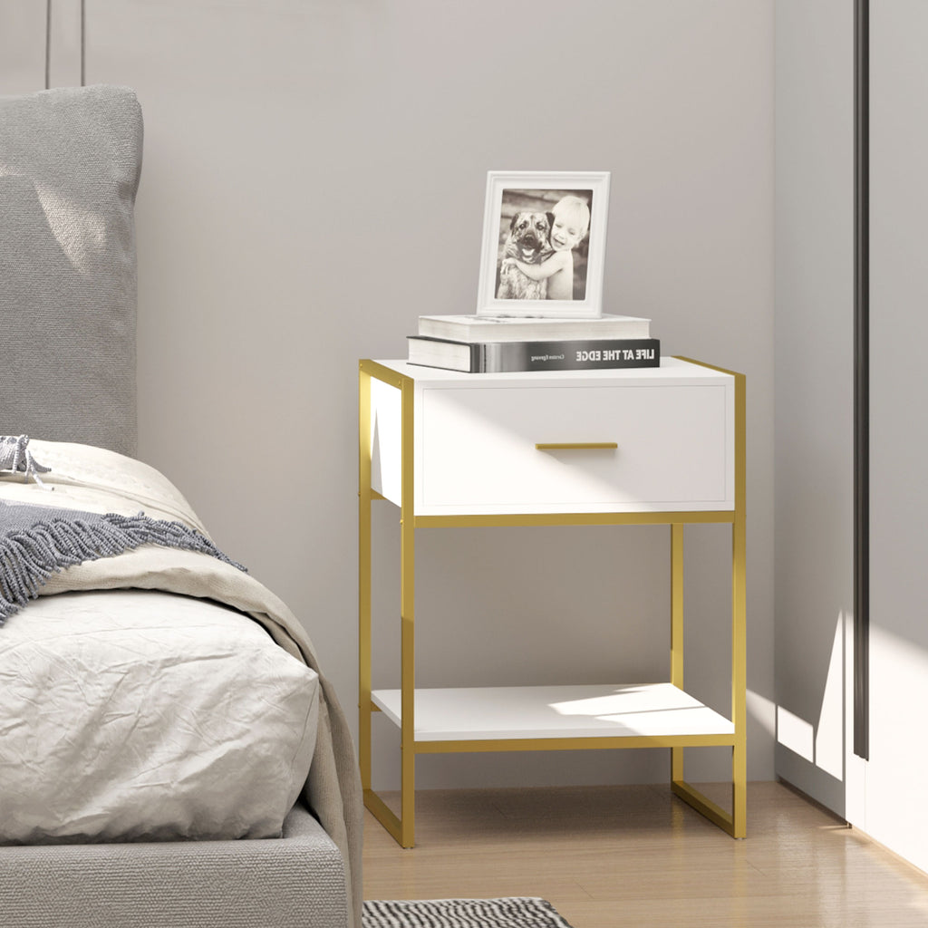 Mesa de Cabeceira Mesa Auxiliar com 1 Gaveta e Prateleira de Armazenamento para Dormitórios Sala de Estar Escritório Estilo Moderno 45x40x60cm Branco — foto 2