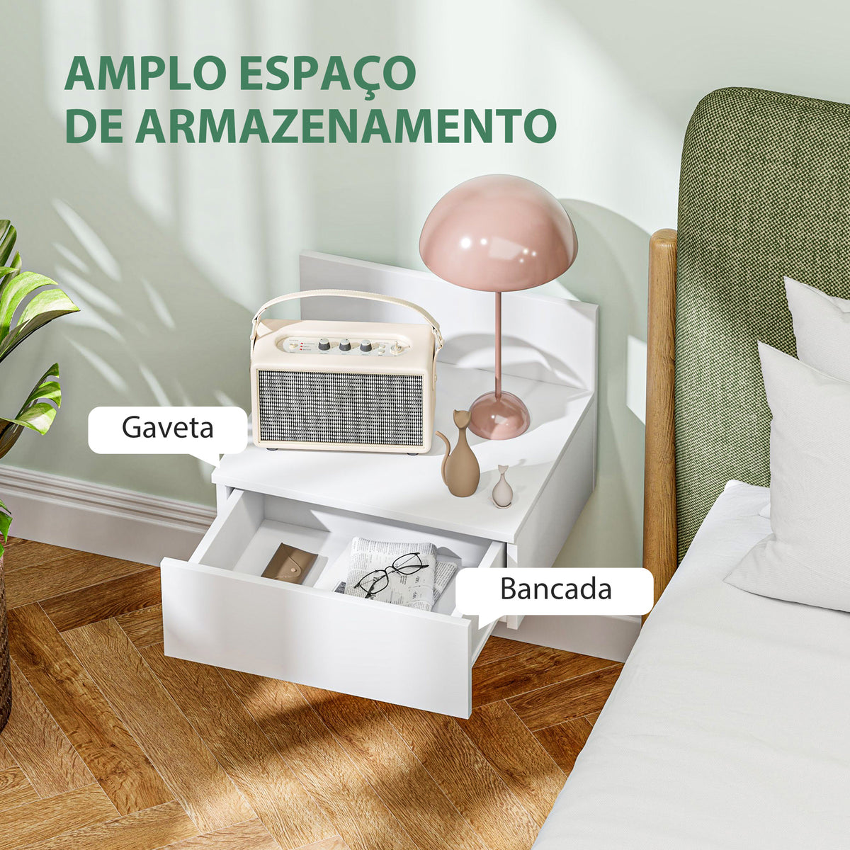2 Mesas de Cabeceira Flutuante Conjunto de 2 Mesas de Cabeceira de Parede com Gaveta de Armazenamento para Dormitório 43x36,5x30,5 cm Branco — foto 5