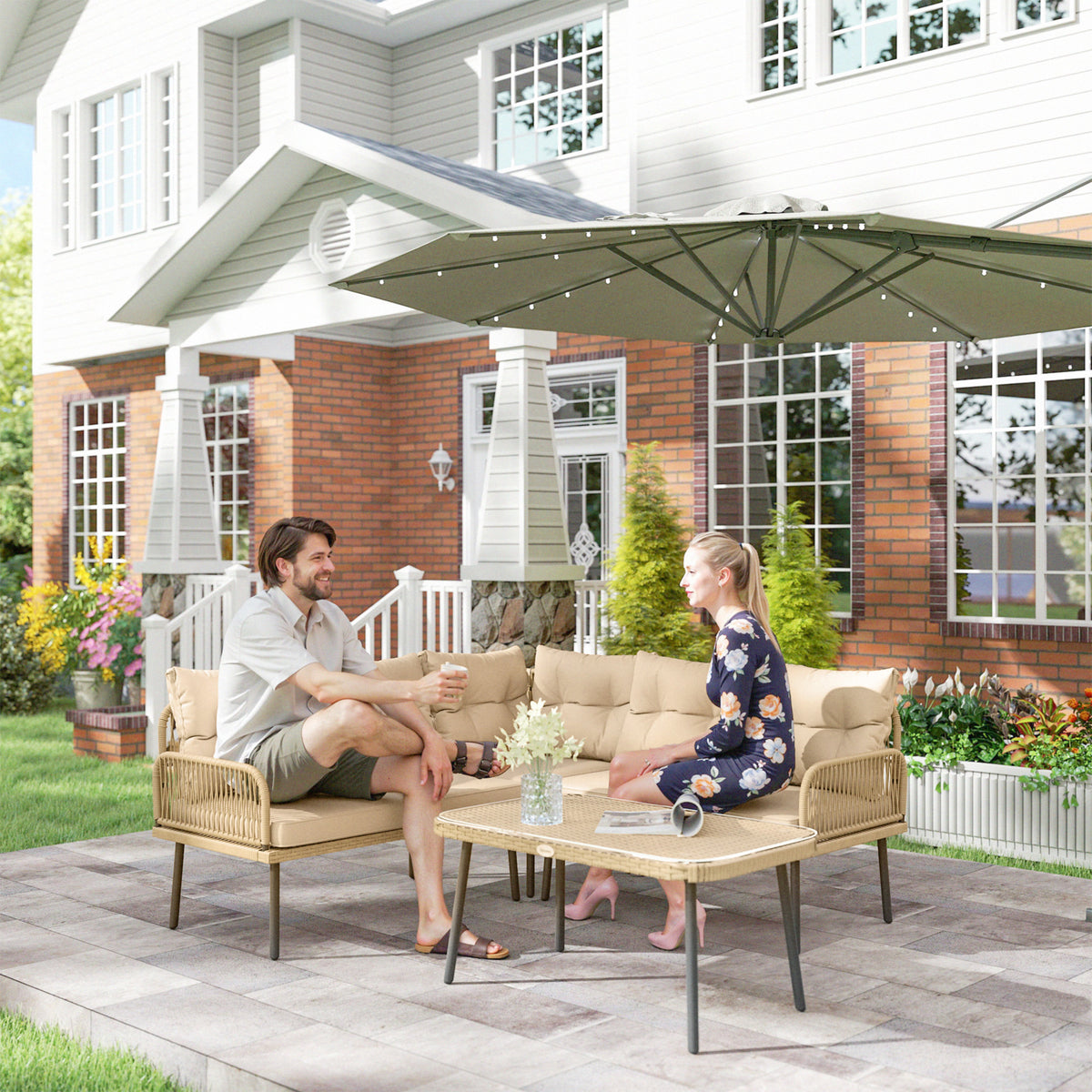 Conjunto de Jardim de Vime Sintético de 4 Peças Móveis de Exterior em Forma de L Inclui 2 Sofás de 2 Lugares 1 Canto de Sofá 1 Mesa de Centro com Almofadas Madeira e Bege — foto 2