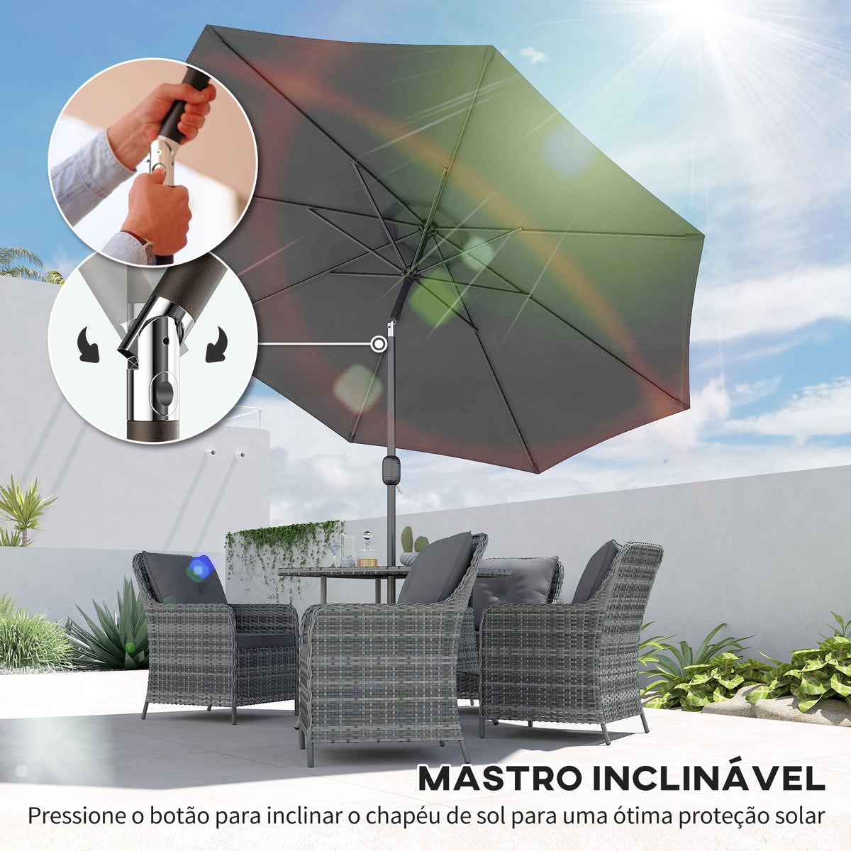 Chapéu de Sol de Jardim Ø295x250cm com Manivela Chapéu de Sol Exterior com Mecanismo de Inclinação e Mastro Desmontável de Metal para Terraço Piscina Pátio Cinza Escuro — foto 4