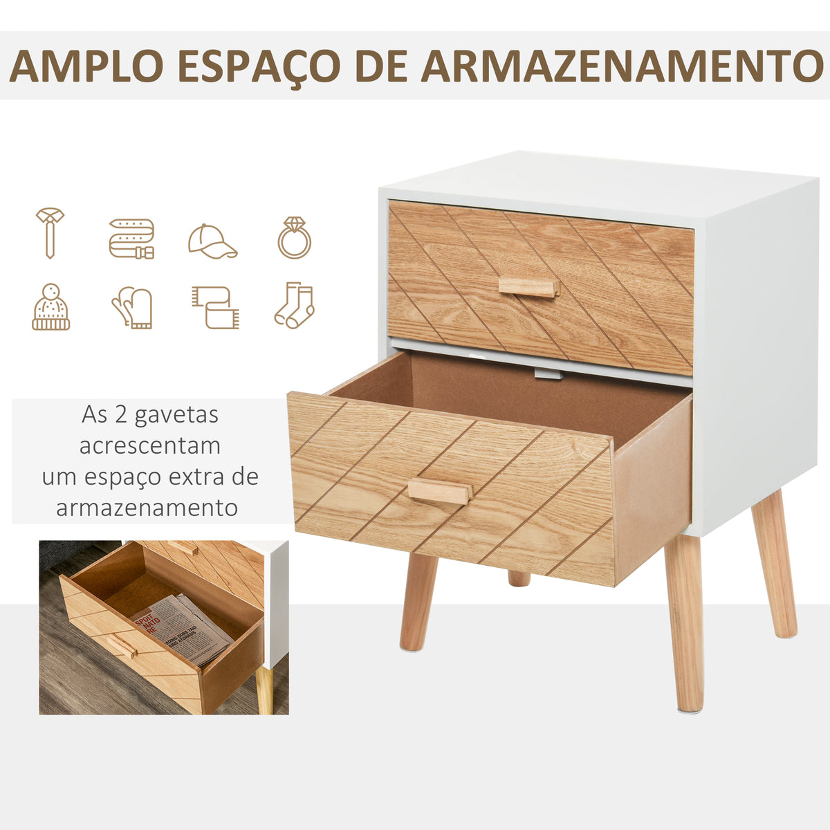 Mesa de Cabeceira com 2 Gavetas Mesa de Cabeceira com Espaço de Armazenamento para Dormitório 40x30x55,5 cm Branco e Madeira — foto 5