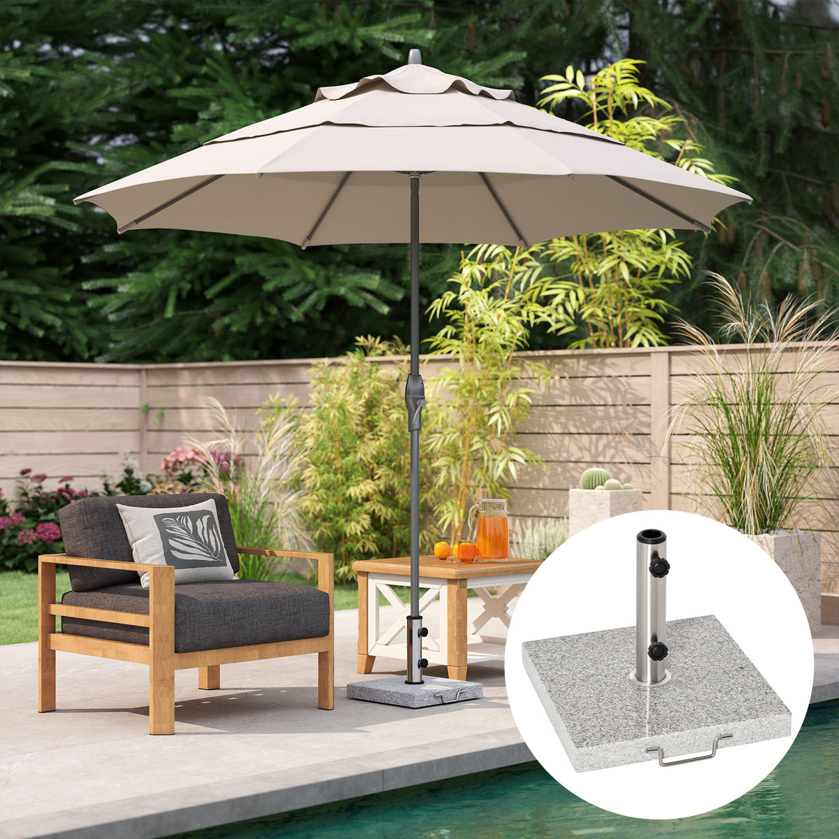 Base para Chapéu de Sol de Mármore Universal com 2 Rodas e Alça de Transporte para Mastros de Ø35/38/42mm Suporte para Chapéu de Sol de Exterior 42x42x36cm Cinza — foto 2