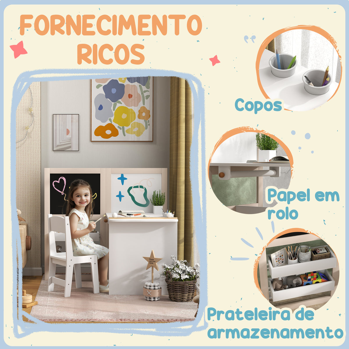 Mesa e Cadeira Infantil de 2 Peças Mesa para Crianças com Cadeira Ardósias Dobrável Mesa para Crianças acima de 3 Anos com Prateleiras Rolo de Papel para Dormitório Sala de Jogos Branco — foto 6