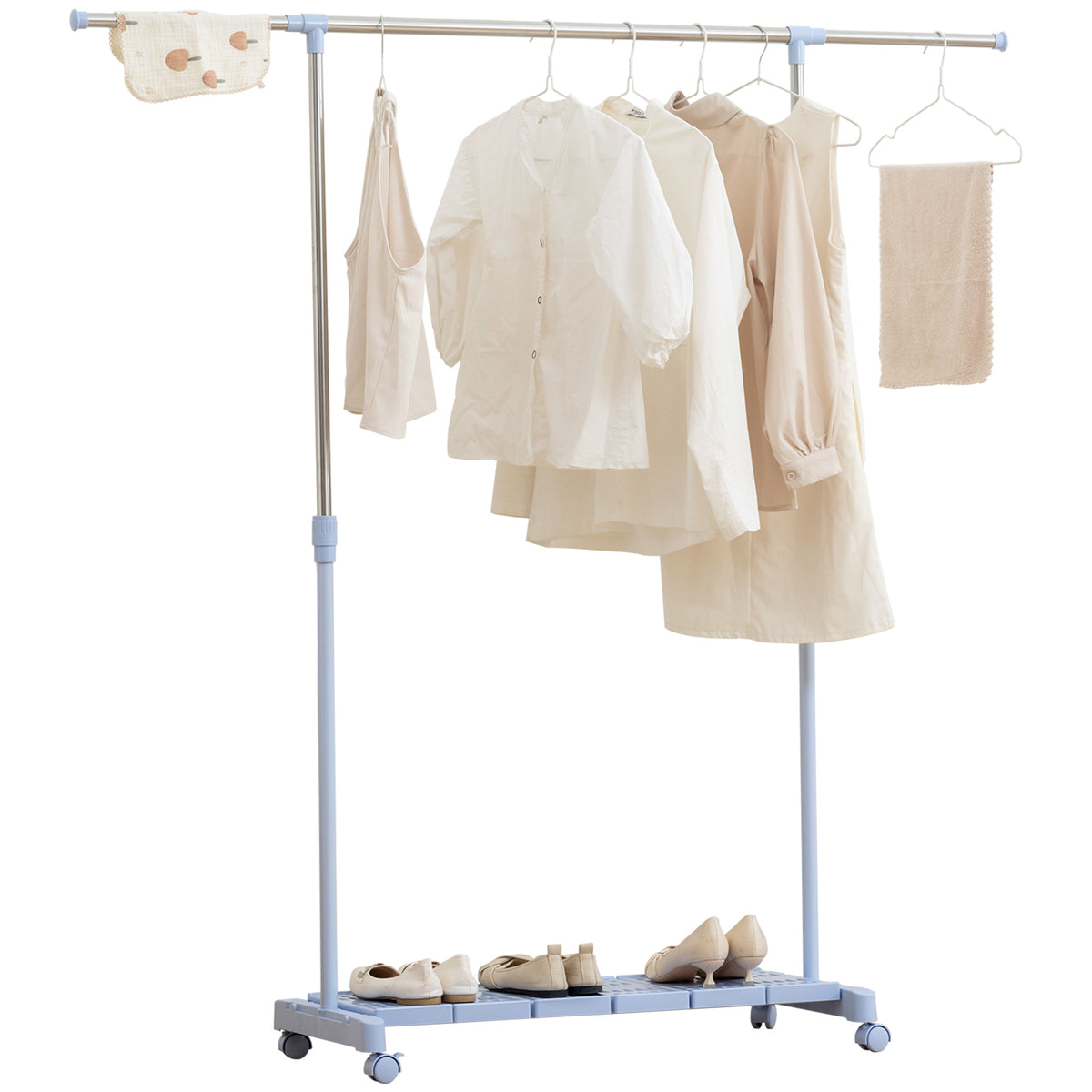 Charriot Extensível com Rodas Charriot de Roupa com Barra de Aço Inoxidável e Prateleira para Sapatos Altura Ajustável para Interior 94-159x42x93-168 cm Azul e Prateado — foto 1