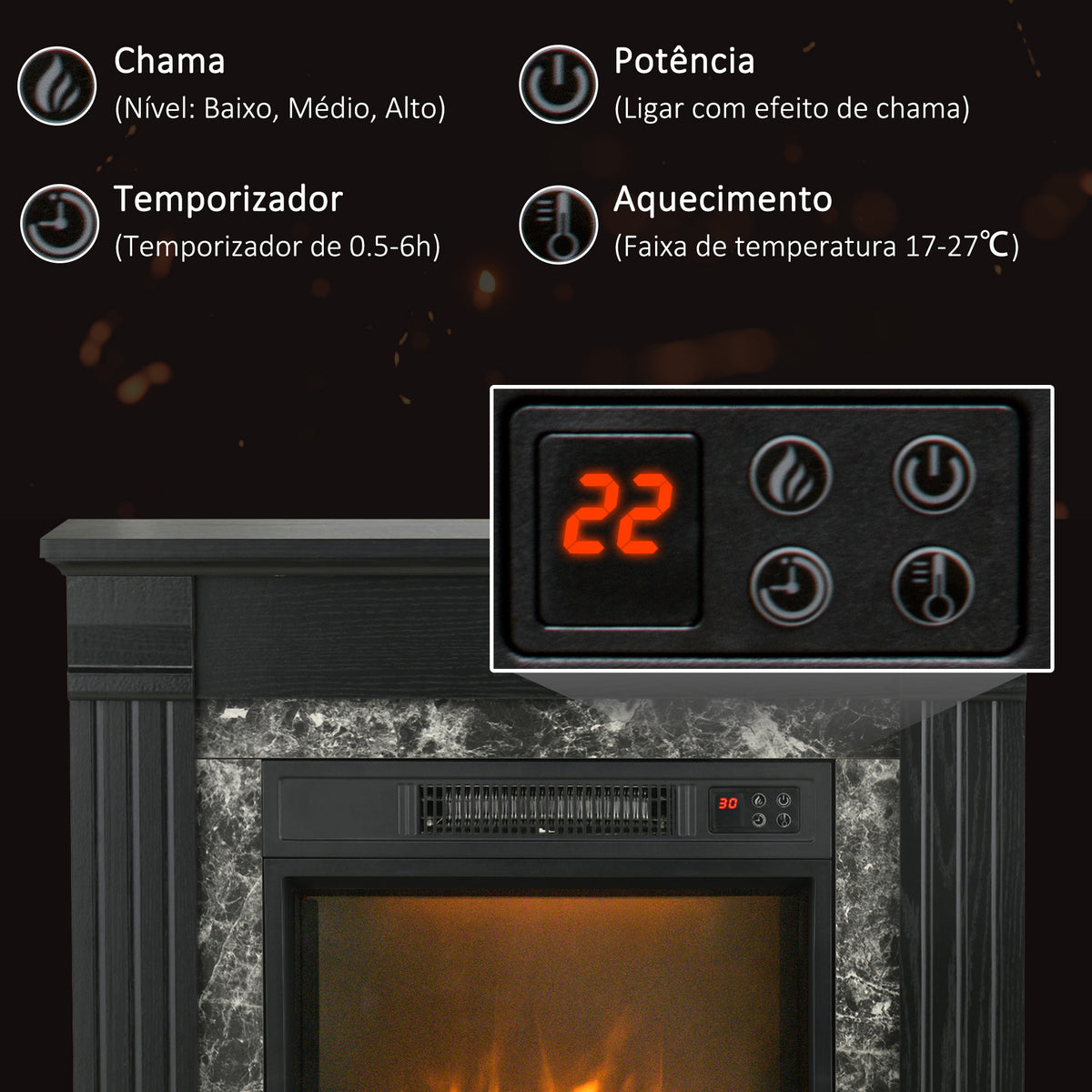 Lareira Elétrica 1800W Lareira com Efeito de Chama Realista Controlo Remoto Temporizador e Proteção Contra Superaquecimento para Ambientes de 30 m² 80x21,6x67,8 cm Preto — foto 5
