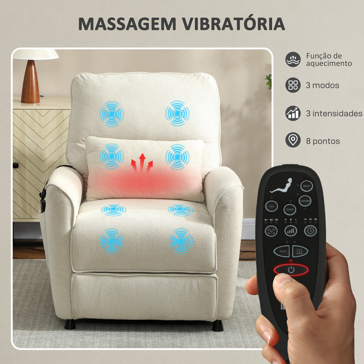 Poltrona de Massagem Relax com Aquecimento Lombar e Massagem por Vibração Poltrona Reclinável Elétrica Motor Silencioso Função de Memória Bolsos Laterais Controle Remoto 88x93x102 cm Creme — foto 6