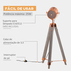 Candeeiro de Pé com Tripé de Madeira Suporte para Lâmpada E14 Máx. 25W IP20 Altura Ajustável Interruptor de Pé Candeeiro de Pé para Sala de Estar Dormitório Escritório Ø65x100-140cm Madeira Envelhecida e Ouro Rosa — foto 7