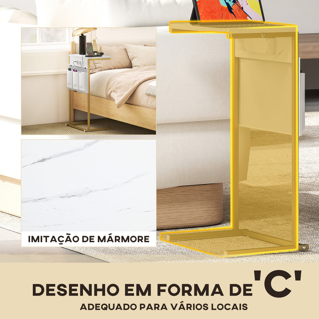 Mesa Auxiliar com Estação de Carga Mesa Lateral com 2 Entradas USB 1 Entrada USB-C e Bolsa Organizadora Mesa Auxiliar para Sala de Estar Dormitório 25,5x40x71 cm Branco — foto 5