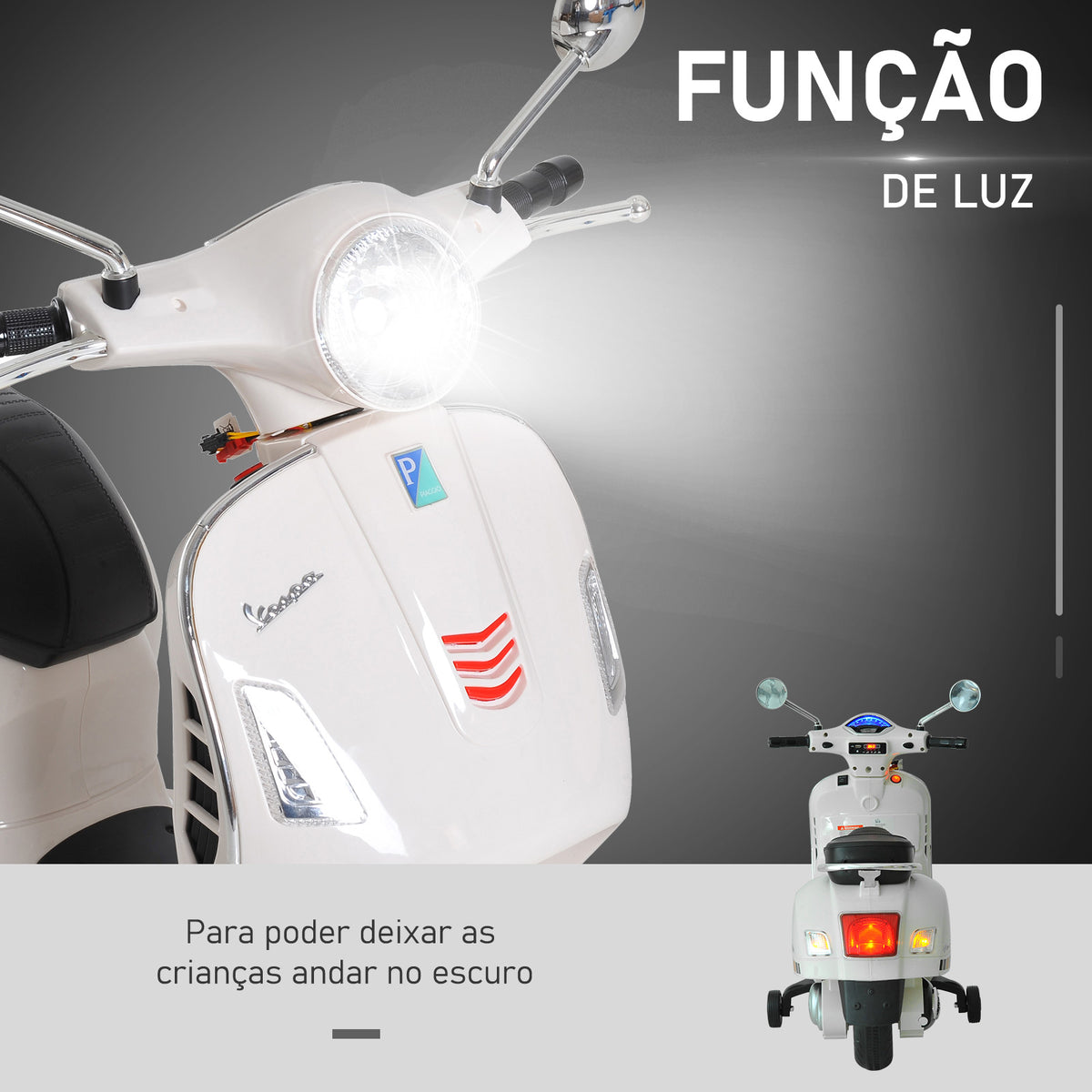 Mota Elétrica para Crianças de 3-6 Anos com Licença Vespa Moto a Bateria para Crianças com Música Velocidade 2-3 km/h e Buzina Carga 30 kg 102x50,5x75,5 cm Branco — foto 5