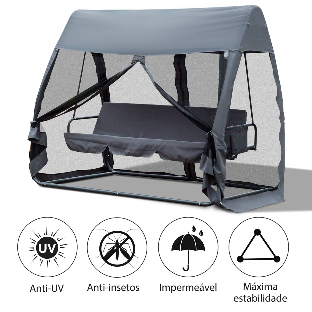 Baloiço de Jardim de 3 Lugares Convertível em Cama com Rede Mosquiteira para Terraço Balcão Exterior Carga Máxima 300kg 240x140x197cm Cinza — foto 4