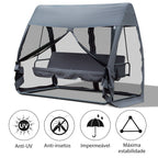 Baloiço de Jardim de 3 Lugares Convertível em Cama com Rede Mosquiteira para Terraço Balcão Exterior Carga Máxima 300kg 240x140x197cm Cinza — foto 4