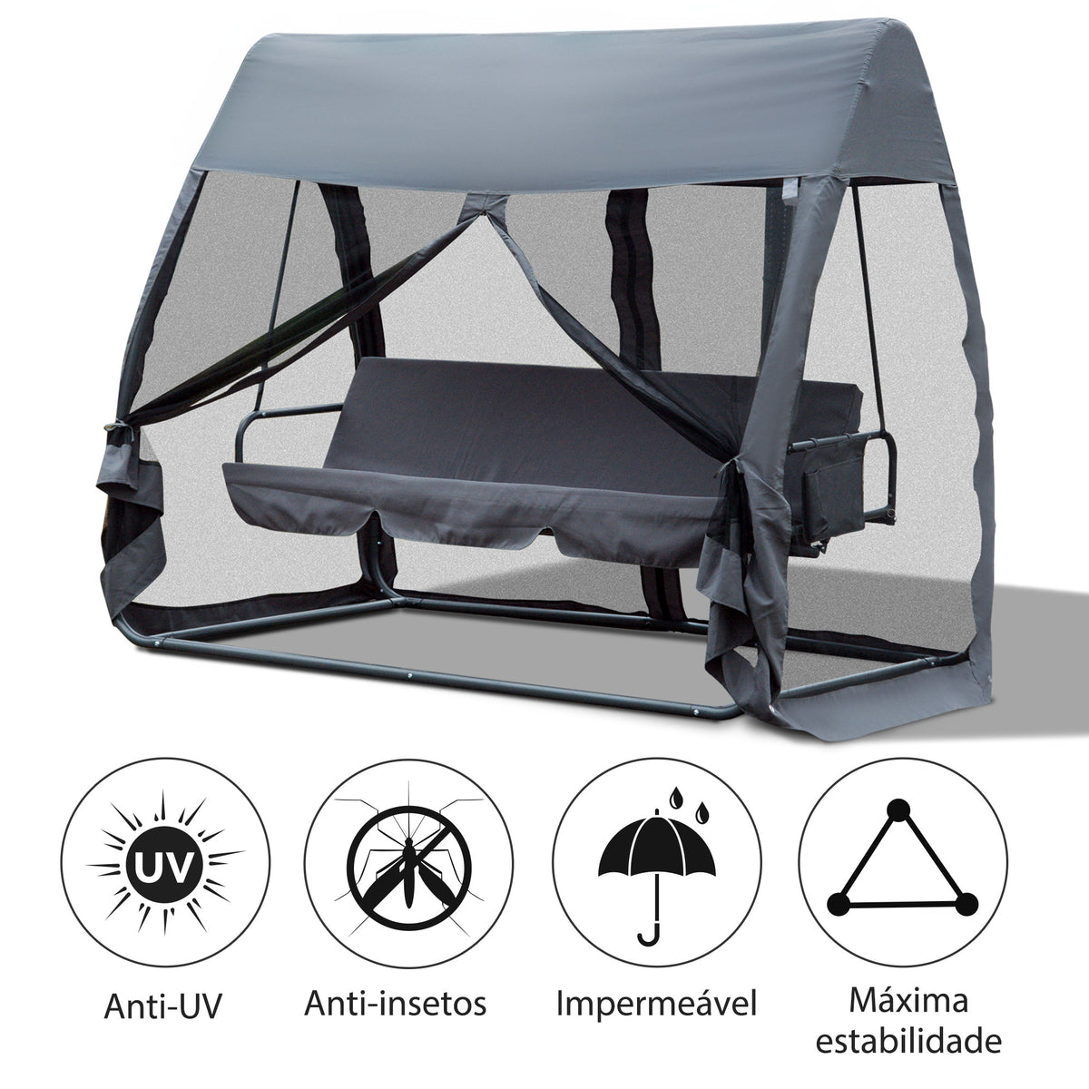 Baloiço de Jardim de 3 Lugares Convertível em Cama com Rede Mosquiteira para Terraço Balcão Exterior Carga Máxima 300kg 240x140x197cm Cinza — foto 4