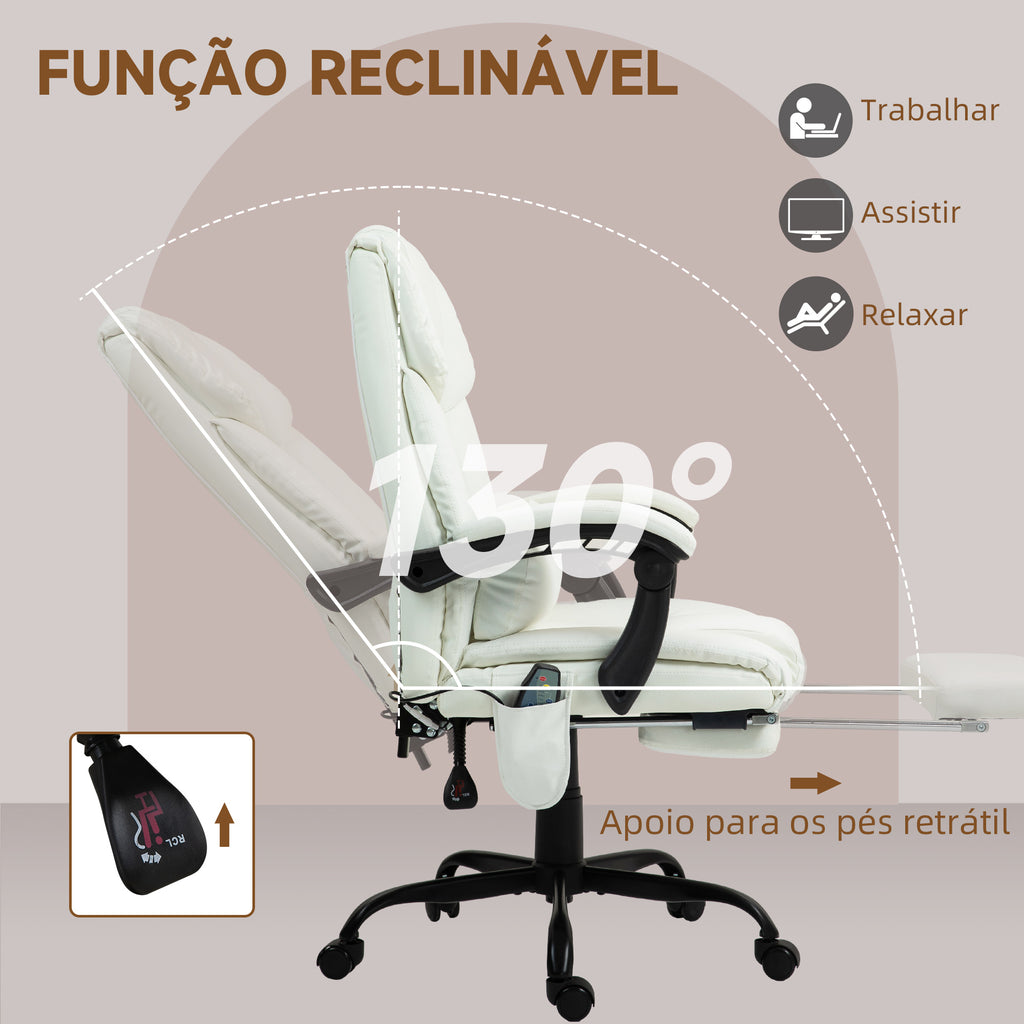 Cadeira de Escritório com Massagem de 6 Pontos Cadeira Giratória com Encosto Alto Reclinável Altura Ajustável Apoio para Pés e Controlo Remoto 66x75x112-122 cm Branco — foto 5