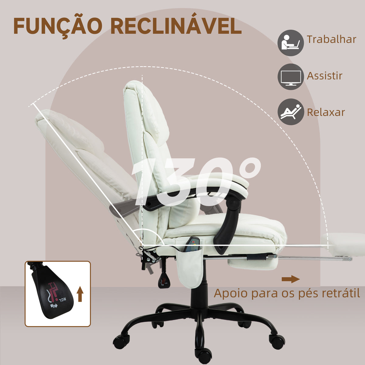 Cadeira de Escritório com Massagem de 6 Pontos Cadeira Giratória com Encosto Alto Reclinável Altura Ajustável Apoio para Pés e Controlo Remoto 66x75x112-122 cm Branco — foto 5